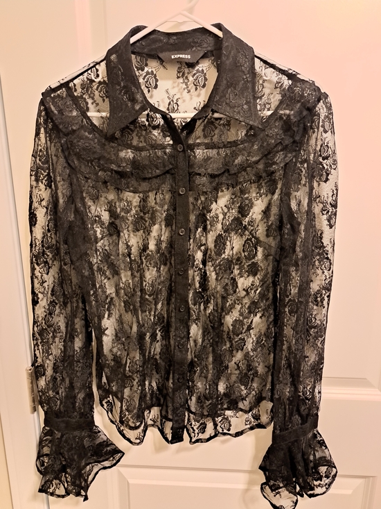 Express Tops - Express Black Sheer Floral Lace Button-Up Blouse